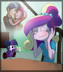 Size: 1000x1152 | Tagged: safe, artist:fj-c, princess cadance, shining armor, twilight sparkle, equestria girls, g4, baby, baby human, babysitting, cleavage, clothes, electrical outlet, fantasizing, female, imagine spot, neglect, shirt, tank top, this will end in tears, this will not end well, younger