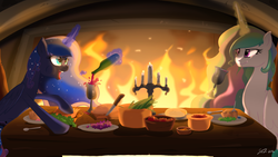Size: 1920x1080 | Tagged: safe, artist:lunarcakez, princess celestia, princess luna, g4, :t, alcohol, alfalfa, bread, candle, cheese, cup, dinner, eating, excited, fireplace, food, grapes, happy, herbivore, levitation, magic, messy eating, open mouth, puffy cheeks, smiling, table, telekinesis, tongue out, wine