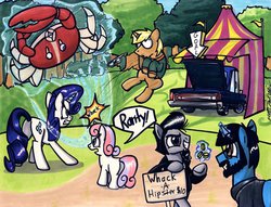 Size: 1024x783 | Tagged: safe, artist:sketchywolf-13, rarity, sweetie belle, trenderhoof, oc, oc:sketchy, oc:tom the crab, crab, earth pony, giant crab, pony, unicorn, g4, bits, butt, car, clothes, daniel splatter, female, filly, jacket, leather jacket, male, mare, plot, rarity fighting a giant crab, stallion