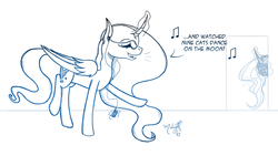 Size: 1250x703 | Tagged: safe, artist:midnightsix3, princess celestia, princess luna, lunadoodle, g4, camera, curved horn, earbuds, horn, ipod, magic, monochrome, music notes, porcupine tree, singing, song reference, spying, telekinesis