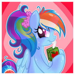 Size: 2100x2100 | Tagged: safe, artist:xwhitedreamsx, rainbow dash, g4, alternate hairstyle, drinking, female, high res, juice box, ponytail, simple background, sipping, solo, straw, sweat