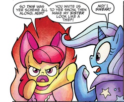 Size: 1010x829 | Tagged: safe, artist:agnesgarbowska, idw, official comic, apple bloom, trixie, g4, spoiler:comic, angry, comic, fire, mane of fire, mane on fire