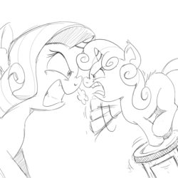 Size: 1000x1000 | Tagged: safe, artist:purple-yoshi-draws, rarity, sweetie belle, g4, angry, monochrome