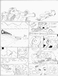 Size: 1275x1662 | Tagged: safe, artist:joelashimself, applejack, pinkie pie, rainbow dash, trixie, twilight sparkle, oc, oc:bright flash, oc:high commander sunstripe, g4, comic, monochrome, the forgotten element