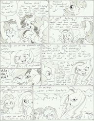 Size: 1275x1652 | Tagged: safe, artist:joelashimself, applejack, pinkie pie, rainbow dash, rarity, twilight sparkle, oc, oc:bright flash, g4, comic, monochrome, the forgotten element