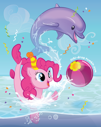 Size: 468x585 | Tagged: safe, artist:inki-drop, pinkie pie, dolphin, merpony, g4, ball, beach ball, confetti, happy, hat, hilarious in hindsight, open mouth, party hat, smiling, species swap, streamers, water