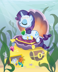 Size: 500x618 | Tagged: safe, artist:inki-drop, rarity, merpony, g4, bubble, clam, eyes closed, female, gem, gold, headdress, jewelry, necklace, prone, seaweed, smiling, solo, species swap, underwater