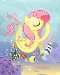 Size: 576x720 | Tagged: safe, artist:inki-drop, fluttershy, angelfish, fish, merpony, tropical fish, g4, bubble, clownfish, coral, eyes closed, hilarious in hindsight, seaponified, seapony fluttershy, smiling, species swap, underwater, watershy