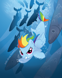 Size: 450x563 | Tagged: safe, artist:inki-drop, rainbow dash, fish, merpony, g4, bubble, glare, grin, looking at you, school of fish, smiling, species swap, underwater