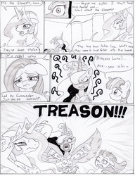 Size: 918x1197 | Tagged: safe, artist:joelashimself, fluttershy, princess celestia, princess luna, twilight sparkle, g4, comic, glowing eyes, monochrome, the forgotten element, traditional royal canterlot voice