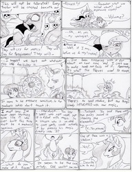 Size: 918x1197 | Tagged: safe, artist:joelashimself, princess celestia, princess luna, twilight sparkle, oc, g4, comic, monochrome, the forgotten element, traditional royal canterlot voice