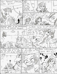 Size: 933x1212 | Tagged: safe, artist:joelashimself, fluttershy, pinkie pie, princess celestia, princess luna, rarity, shining armor, oc, g4, comic, monochrome, the forgotten element