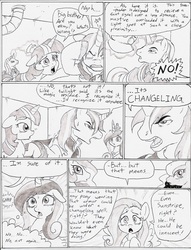 Size: 976x1275 | Tagged: safe, artist:joelashimself, fluttershy, princess cadance, princess celestia, princess luna, shining armor, twilight sparkle, oc, g4, comic, monochrome, the forgotten element, wham line