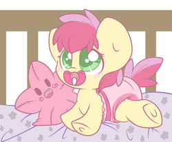 Size: 1363x1128 | Tagged: safe, artist:starlightlore, apple sprout, pony, baby, baby pony, crib, diaper, foal, pacifier, solo, underhoof