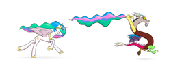 Size: 1024x410 | Tagged: safe, artist:sycotex-b, discord, princess celestia, alicorn, draconequus, pony, g4, angry, celestia is not amused, discord being discord, female, happy, male, mare, modular, no tail, prank, running, simple background, tail, this will end in pain, this will end in petrification, this will end in tears and/or a journey to the moon, varying degrees of amusement, white background