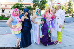 Size: 2048x1365 | Tagged: safe, artist:dtjaaaam, carrot cake, cup cake, princess cadance, princess celestia, princess luna, spike, human, g4, 2014, barb, clothes, convention, cosplay, evening gloves, fanimecon, group photo, irl, irl human, photo, rule 63