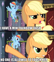 Size: 846x960 | Tagged: safe, edit, edited screencap, screencap, applejack, rainbow dash, earth pony, pegasus, pony, g4, hearth's warming eve (episode), comic, female, hearth's warming eve, image macro, mare, meme, micro, text, tiny ponies