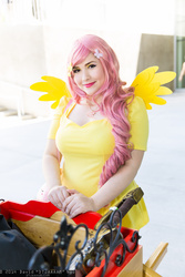 Size: 1365x2048 | Tagged: artist needed, safe, fluttershy, human, g4, 2014, cart, convention, cosplay, defictionalization, fanimecon, irl, irl human, photo, solo