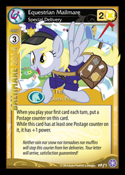 Size: 600x838 | Tagged: safe, enterplay, derpy hooves, pegasus, pony, g4, my little pony collectible card game, official, the crystal games, bag, card, ccg, clothes, female, hat, letter, mailbag, mailbox, mailmare, mailpony, mare, muffin, necktie, solo, that one nameless background pony we all know and love