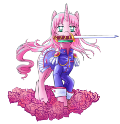 Size: 700x723 | Tagged: safe, artist:los-chainbird, pony, clothes, female, flower, mare, mouth hold, ponified, revolutionary girl utena, rose, simple background, solo, sword, transparent background, utena tenjou