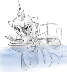 Size: 937x1009 | Tagged: safe, artist:alloyrabbit, oc, oc only, oc:anon, boatpony, human, pony, angry, battleship ponies, destroyer, floppy ears, giant pony, gun, hijacking, ocean, pirate, pirate ship, ponified, size difference, swimming