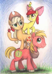 Size: 1072x1510 | Tagged: safe, artist:thefriendlyelephant, apple bloom, applejack, big macintosh, earth pony, pony, g4, apple, apple siblings, balancing, eating, male, pony pile, smiling, stack, stallion, tower of pony, traditional art