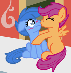 Size: 705x727 | Tagged: safe, artist:oneovertwo, archer (g4), scootablue, scootaloo, pegasus, pony, g4, blushing, duo, duo female, eyes closed, female, filly, foal, kiss on the lips, kissing, lesbian, ponyville schoolhouse, school, ship:archloo, shipping, sitting, spread wings, wings