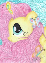 Size: 2512x3456 | Tagged: safe, artist:jackie00liza, fluttershy, butterfly, g4, alternate hairstyle, cute, female, high res, smiling, solo, traditional art, wind