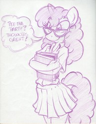 Size: 850x1100 | Tagged: safe, artist:trollie trollenberg, twist, earth pony, anthro, g4, book, clothes, cute, female, glasses, lisp, meganekko, monochrome, older, older twist, pleated skirt, skirt, solo, teenager, traditional art