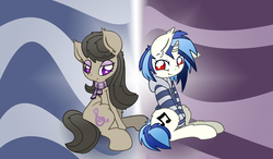 Size: 2998x1752 | Tagged: safe, artist:sabrina-mckale, dj pon-3, octavia melody, vinyl scratch, g4