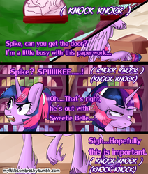 Size: 1280x1509 | Tagged: safe, twilight sparkle, alicorn, classical unicorn, pony, g4, female, golden oaks library, horn, implied shipping, implied spike, implied spikebelle, implied straight, implied sweetie belle, leonine tail, mare, solo, tumblr comic, twilight sparkle (alicorn)