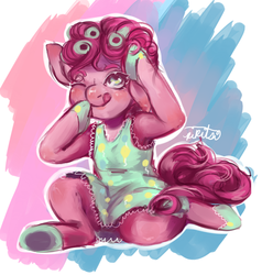 Size: 900x947 | Tagged: safe, artist:pikitsi, pinkie pie, g4, clothes, female, hair curlers, pajamas, slippers, solo