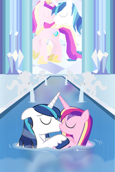 Size: 1200x1800 | Tagged: safe, artist:dm29, princess cadance, shining armor, alicorn, pony, unicorn, g4, bath, duo, female, kiss on the lips, kissing, male, mare, ship:shiningcadance, shipping, stained glass, stallion, straight, swimming, swimming pool, wet mane