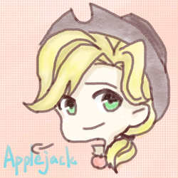 Size: 1181x1181 | Tagged: safe, artist:booty, applejack, human, g4, chibi, cute, female, humanized, pixiv, portrait, solo