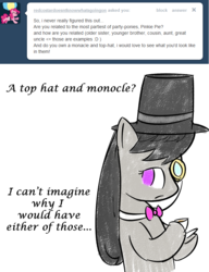 Size: 642x834 | Tagged: safe, artist:erthilo, octavia melody, earth pony, pony, ask octavia, g4, ask, cup, female, hat, mare, monocle, no pupils, solo, teacup, top hat, tumblr