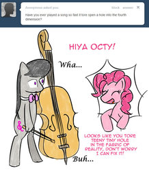 Size: 651x747 | Tagged: safe, artist:erthilo, octavia melody, pinkie pie, earth pony, pony, ask octavia, g4, ask, bipedal, cello, duo, duo female, female, mare, musical instrument, no pupils, tumblr