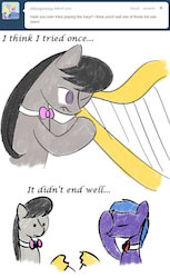 Size: 639x1046 | Tagged: dead source, safe, artist:erthilo, octavia melody, parish nandermane, earth pony, pony, ask octavia, g4, ask, bowtie, broken, duo, facehoof, female, harp, male, mare, musical instrument, no pupils, stallion, tumblr