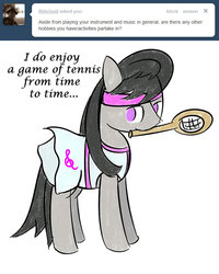 Size: 646x809 | Tagged: dead source, safe, artist:erthilo, octavia melody, earth pony, pony, ask octavia, g4, ask, clothes, female, mare, mouth hold, no pupils, skirt, solo, tennis, tennis racket, tumblr