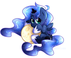 Size: 682x551 | Tagged: safe, artist:secret-pony, princess luna, alicorn, pony, g4, chibi, cute, female, filly, lunabetes, moon, solo, tangible heavenly object, watermark, woona