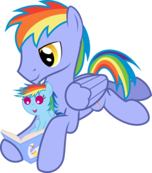 Size: 6564x7471 | Tagged: safe, artist:iamadinosaurrarrr, rainbow blaze, rainbow dash, pegasus, pony, g4, absurd resolution, baby, baby dash, baby pony, book, equestria's best father, father and daughter, foal, male, reading, simple background, stallion, transparent background