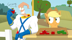Size: 1600x900 | Tagged: safe, artist:kennymccormix, applejack, worm, g4, apple, concession stand, crossover, earthworm jim, super suit