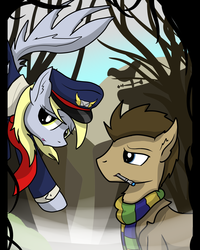 Size: 3200x4000 | Tagged: safe, artist:dazed-and-wandering, derpy hooves, doctor whooves, time turner, pegasus, pony, g4, cap, clothes, comic, doctor who, duo, female, flying, hat, mailmare, mare, scarf, sonic screwdriver, title page, uniform, weather vane