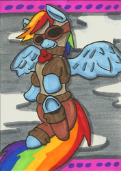 Size: 748x1054 | Tagged: safe, artist:battlefox, rainbow dash, pegasus, pony, g4, clothes, cloud, female, flying, goggles, solo, traditional art