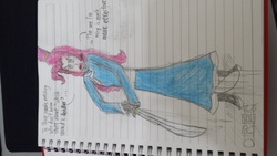 Size: 4128x2322 | Tagged: safe, artist:horsesplease, pinkie pie, g4, clothes, dress, fail, lined paper, mongol, mongolian, photo, recording, sideways image, sword, test, traditional art