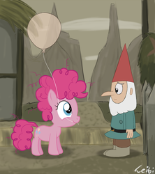 Size: 700x787 | Tagged: safe, artist:leibi97, pinkie pie, earth pony, human, pony, g4, balloon, crossover, doctor heinz doofenshmirtz, duo, filly, helping, lawn gnome, mouth hold, phineas and ferb, smiling, toddler, younger