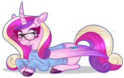 Size: 826x523 | Tagged: safe, artist:frostedpuffs, princess cadance, alicorn, pony, g4, clothes, curved horn, female, glasses, horn, mare, prone, simple background, solo, sweater, transparent background