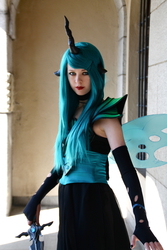 Size: 1504x2256 | Tagged: safe, artist:sewingintherain, queen chrysalis, human, g4, clothes, convention, cosplay, crystal fair con, dress, irl, irl human, photo, solo, sword