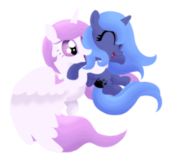 Size: 1449x1284 | Tagged: safe, artist:rightful-hue, princess celestia, princess luna, g4, cewestia, cute, eyes closed, filly, happy, laughing, playing, simple background, sisters, smiling, woona