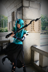 Size: 1504x2256 | Tagged: safe, artist:sewingintherain, queen chrysalis, human, g4, action pose, clothes, convention, cosplay, crystal fair con, dress, irl, irl human, photo, solo, sword