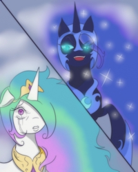 Size: 800x1002 | Tagged: safe, artist:queen-ystella, nightmare moon, princess celestia, g4, crying